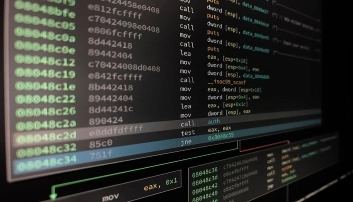 Close-up view of a computer screen displaying assembly code with hexadecimal addresses and machine instructions.
